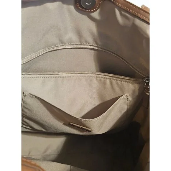 Tumi Beige Canvas & Brown Leather Tote Bag With Rear Zip Pocket And Handles - Picture 5 of 11